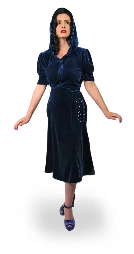 Nicoletta Carlone Shop "Noctis" 1930s Style Blue Velvet Hooded Stars Dress 3 Nicoletta Carlone Shop "Noctis" 1930s Style Blue Velvet Hooded Stars Dress