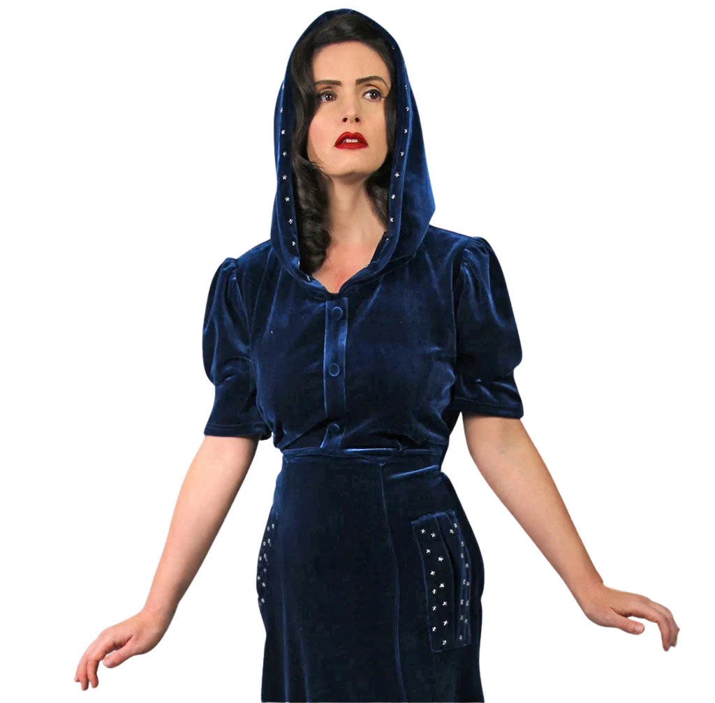 Nicoletta Carlone Shop "Noctis" 1930s Style Blue Velvet Hooded Stars Dress 4 Nicoletta Carlone Shop "Noctis" 1930s Style Blue Velvet Hooded Stars Dress