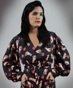 Nicoletta Carlone "Severine" 1940s Style Bishop Sleeved Hands And Roses Print Dress